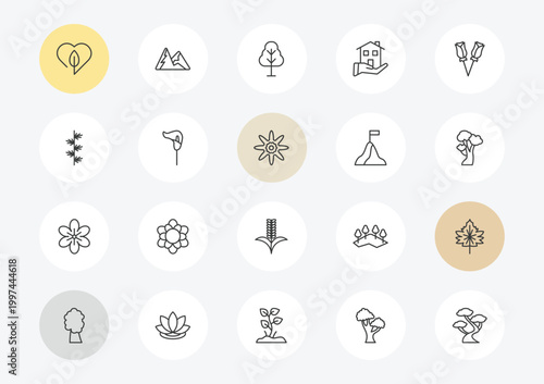 nature outline icon set. linear vector for ui, web and mobile. thin line love nature, larch leaf, geranium icons.