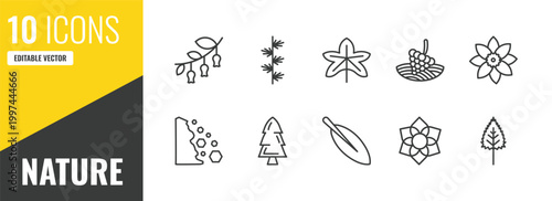 nature outline icon set. 10 linear vector for ui, web and mobile. thin line hawthorn, larch leaf, grape leaf icons.