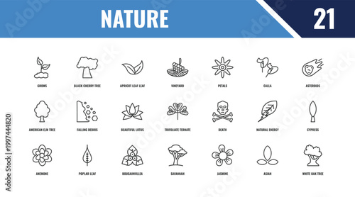 nature outline icon set. linear vector for ui, web and mobile. thin line black cherry tree, asteroids, death icons.