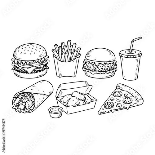 Variety of fast food items including burgers, fries, nuggets, pizza, burrito, and drink.