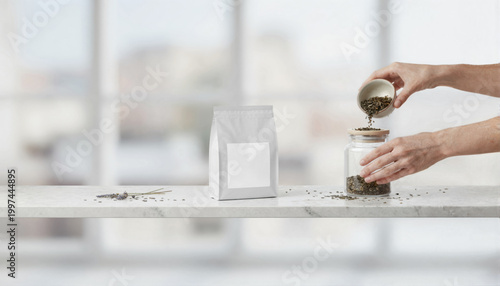 Gourmet loose-leaf tea being organized alongside a clean white labeled pouch in a modern pantry