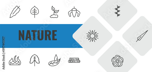 nature outline icon set. linear vector for ui, web and mobile. thin line philodendron, cercis leaf, grows icons.
