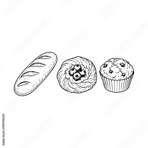Freshly baked bread, danish pastry, and muffin in black and white outline drawing.