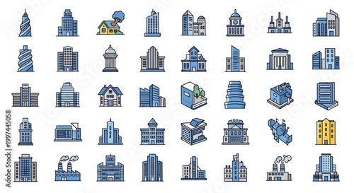 Collection of various city buildings icons.
