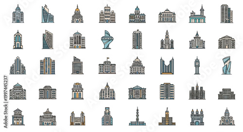Collection of various city skyscrapers icons.