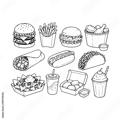 Collection of popular fast food items burger fries burrito hot dog taco.