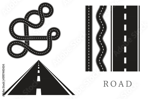 A comprehensive collection of road icons and brushes including winding highways, perspective asphalt lanes, and wavy street patterns for maps, transportation, and logistics design