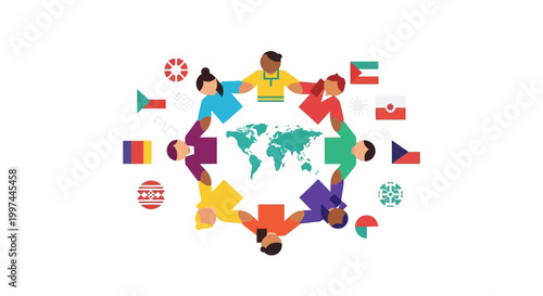 Global Diversity and Unity: Multicultural People Holding Hands Around World Map with Flags & Cultural Symbols