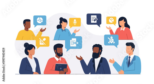 Diverse Team Virtual Meeting, Online Collaboration & Communication. Digital Tools, Data Sharing, Remote Work Icons.