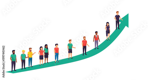Diverse Group of People Climbing a Rising Arrow, Representing Business Growth, Team Progress, and Career Development