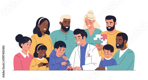 Diverse Family and Doctor Supporting Child with Autism: Awareness, Inclusion, and Developmental Care