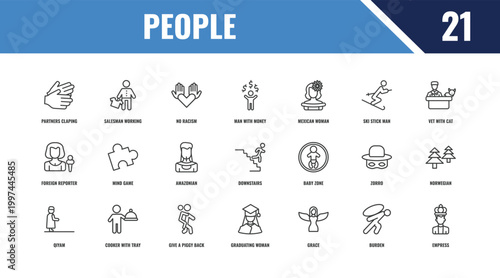 people outline icon set. linear vector for ui, web and mobile. thin line salesman working, vet with cat, baby zone icons.