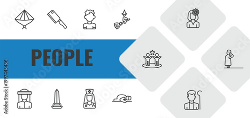 people outline icon set. linear vector for ui, web and mobile. thin line vietnamese, butcher with knife, small boy icons.