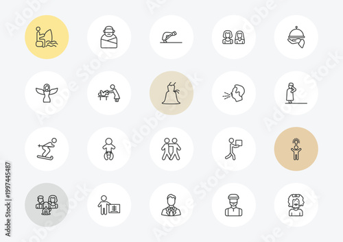 people outline icon set. linear vector for ui, web and mobile. thin line sitting man fishing, grace, man skiing icons.