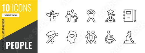 people outline icon set. 10 linear vector for ui, web and mobile. thin line grace, man child and balloons, pulling hair icons.