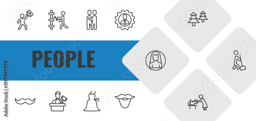 people outline icon set. linear vector for ui, web and mobile. thin line success man happy, plumber working, snuggle icons.