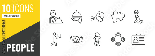 people outline icon set. 10 linear vector for ui, web and mobile. thin line waiter working, serve, cough icons.