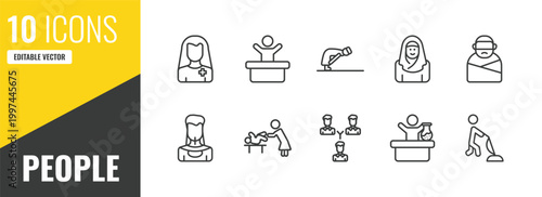 people outline icon set. 10 linear vector for ui, web and mobile. thin line pacient, worker success, ruku icons.