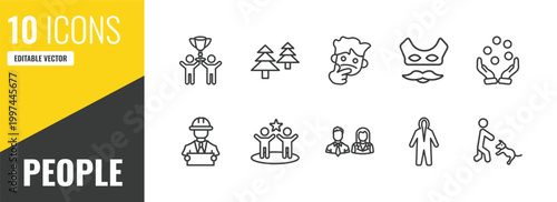people outline icon set. 10 linear vector for ui, web and mobile. thin line succes team, norwegian, thinking smile icons.