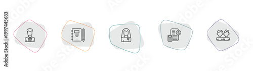 people outline icon set. linear vector for ui, web and mobile. thin line bussiness man, pencil and notebook, pacient icons.