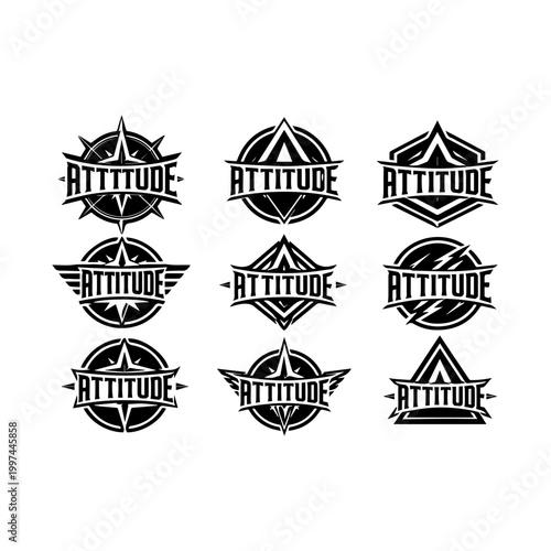 Set of nine diverse attitude company emblems with stars wings and compass elements in black and white.