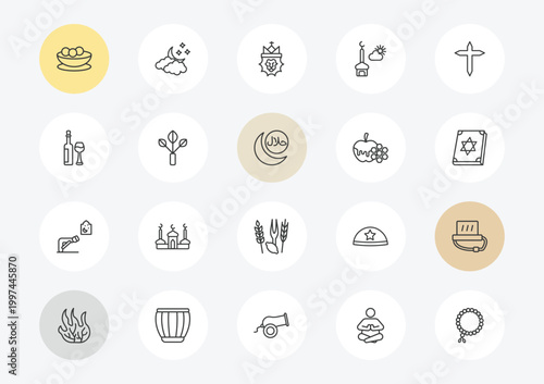 religion outline icon set. linear vector for ui, web and mobile. thin line matzo ball soup, hebrew wine, ruku posture icons.