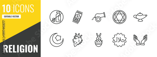 religion outline icon set. 10 linear vector for ui, web and mobile. thin line forbidden foods, islamic praying carpet, eyd gun icons.