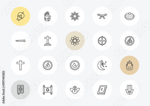 religion outline icon set. linear vector for ui, web and mobile. thin line jewish incense, shehnai, christian icons.
