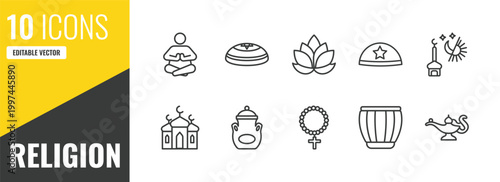 religion outline icon set. 10 linear vector for ui, web and mobile. thin line meditation, kippah, lotus icons.