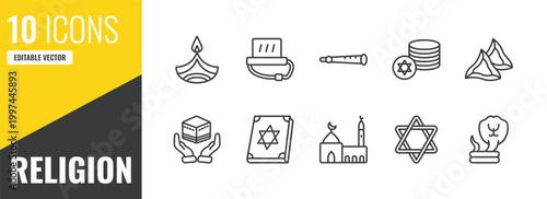 religion outline icon set. 10 linear vector for ui, web and mobile. thin line dipa, tefilin, shehnai icons.