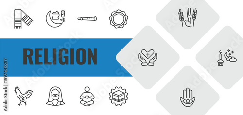 religion outline icon set. linear vector for ui, web and mobile. thin line tallit, ramadan fasting, shehnai icons.