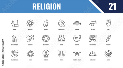 religion outline icon set. linear vector for ui, web and mobile. thin line agticism, ohr, fasting icons.