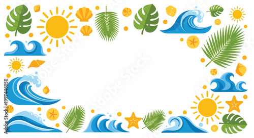 A vibrant border of tropical leaves, suns, waves, and stars on a white background with a playful and summery feel.