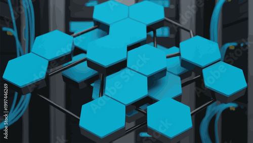 Abstract blue hexagonal network grid illustration, symbolizing secure digital data flow and modern technological connectivity. Ideal background for advanced computing and server infrastructure