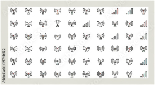 Collection of various signal icons representing wireless communication and connectivity.