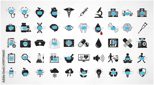 Medical and healthcare icons representing various aspects of medicine and treatment.