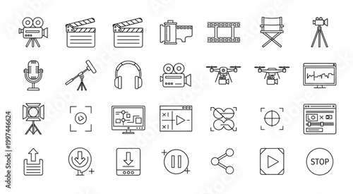 Collection of video production and filmmaking icons and symbols for creative projects.