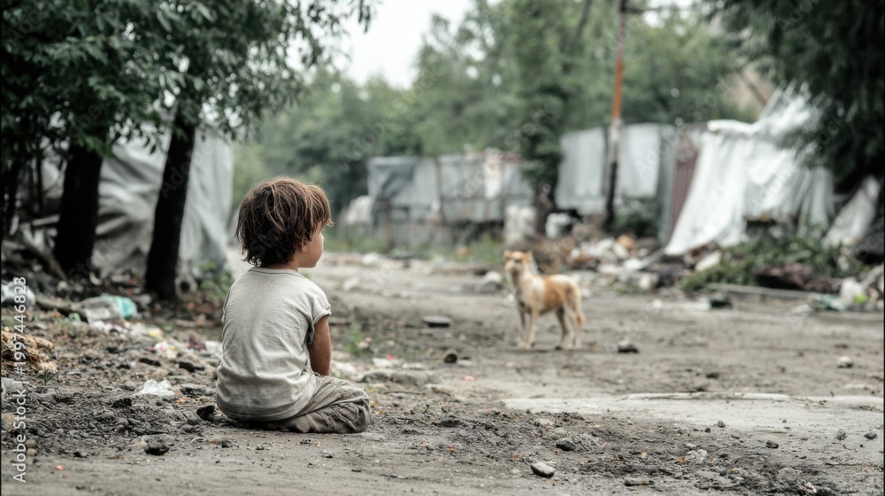 Fototapeta premium Lonely Child and Dog in a Settlement Surrounded by Trash and Trees