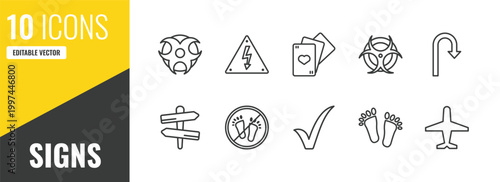 signs outline icon set. 10 linear vector for ui, web and mobile. thin line toxic warning, high voltage, gambling icons.