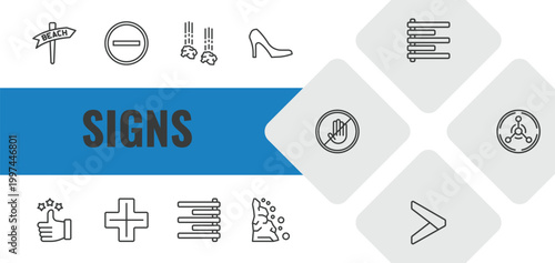 signs outline icon set. linear vector for ui, web and mobile. thin line beach, traffic, falling rocks icons.