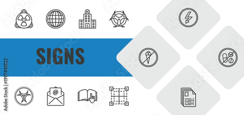 signs outline icon set. linear vector for ui, web and mobile. thin line toxic, world grid, hospital icons.