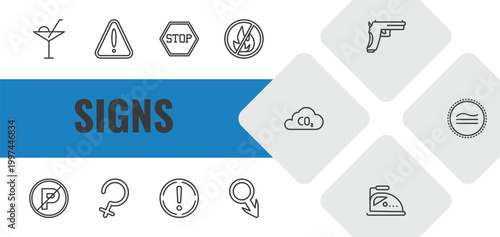signs outline icon set. linear vector for ui, web and mobile. thin line drinks, alert, stop icons.