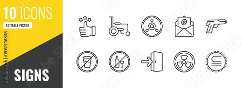 signs outline icon set. 10 linear vector for ui, web and mobile. thin line superior, wheelchair, radiation icons.