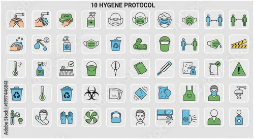 Hygiene protocol icons representing various cleaning and safety measures for health.