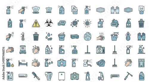 Collection of cleaning and sanitation icons representing various hygiene products and tools.