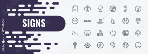signs outline icon set. linear vector for ui, web and mobile. thin line addition thick, classroom cup, electric current icons.