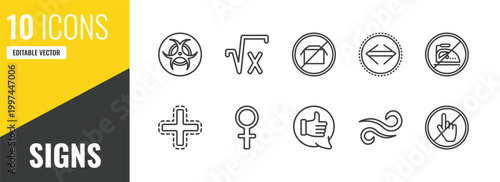 signs outline icon set. 10 linear vector for ui, web and mobile. thin line biohazard, square root, no packing icons.