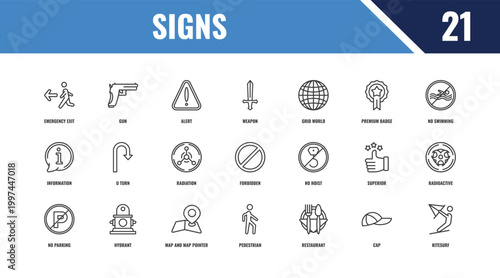 signs outline icon set. linear vector for ui, web and mobile. thin line gun, no swimming, no hoist icons.