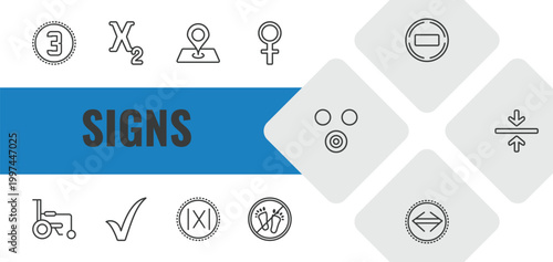 signs outline icon set. linear vector for ui, web and mobile. thin line there exists, subscript, maps and location icons.