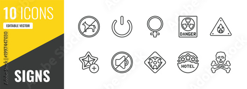 signs outline icon set. 10 linear vector for ui, web and mobile. thin line no animals, power button, female icons.